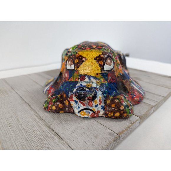 Vintage Patchwork Puppy Dog Decoupage Doorstop Statue Quilted Chalkware 13 1/2" - Picture 3 of 6